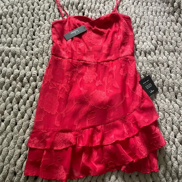 Lulus Days With You Red Floral Burnout Ruffled Mini Dress - Size S - Picture 2 of 6